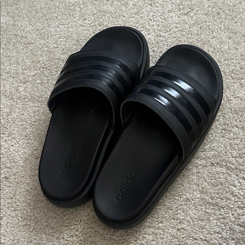 adidas Black Glossy Three-Strip Slide Sandals